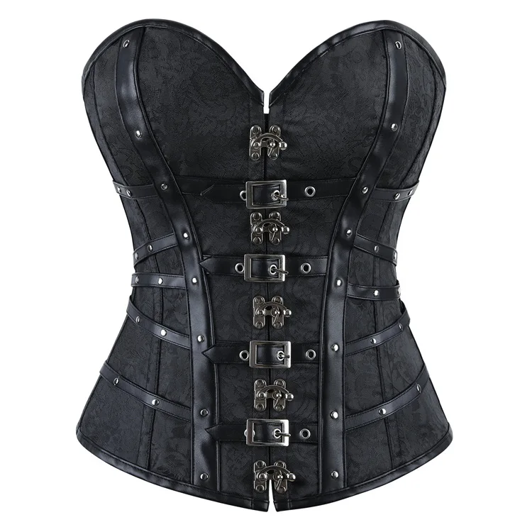 Womens Retro Victorian Gothic Steampunk Overbust Corset Lace Up Buckle Straps Bustier Body Shaper Jacquard Waist Trainer Top
