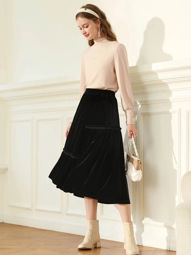 I BELIEVE YOU Velvet A-line Skirts For Women Autumn New Trendy 2023 Black High Waist Long Elegance Solid Skirt Female 2234025407