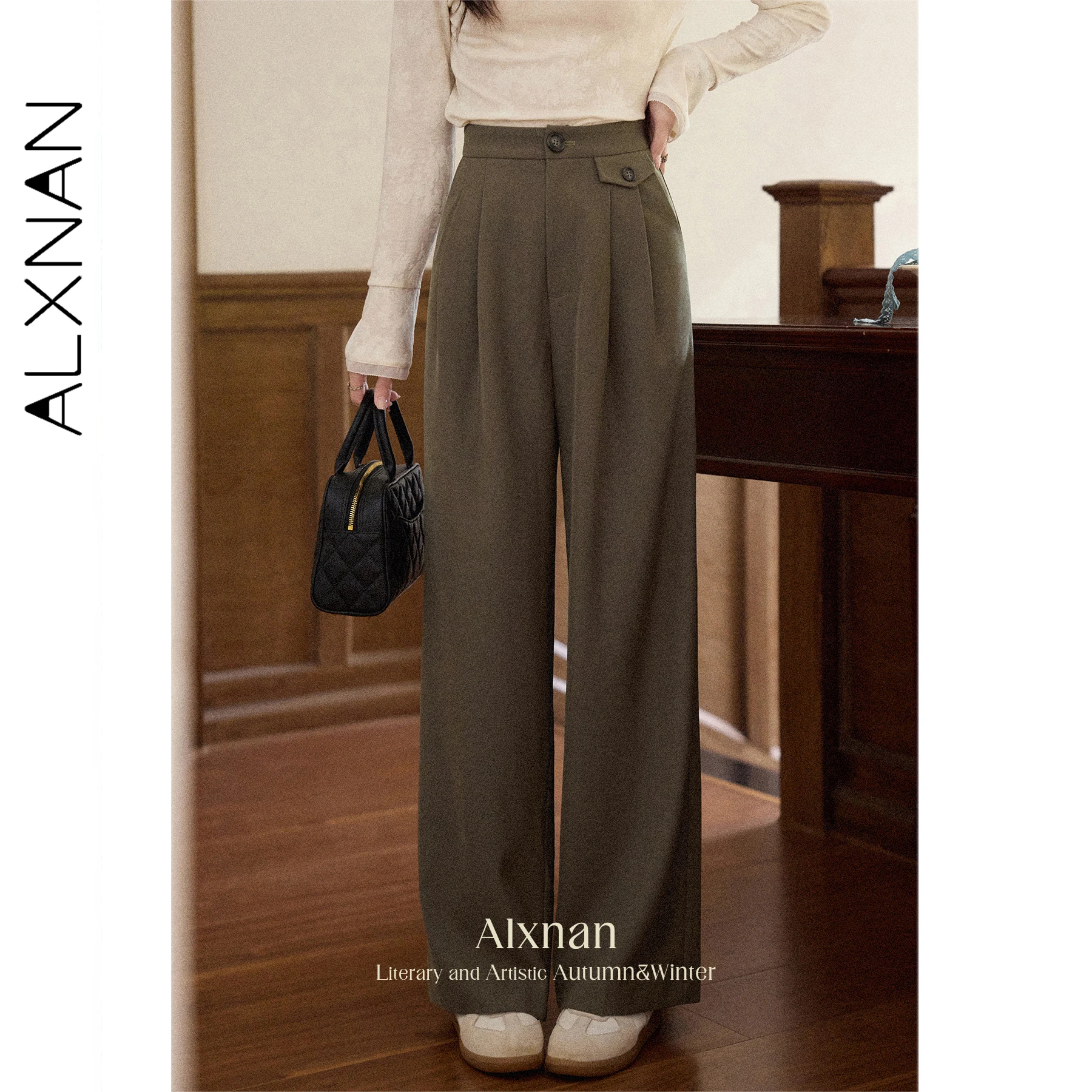

ALXNAN Brown Pants Casual Wide-leg High-waist Straight Women's Pants 2025 Autumn Office Lady Loose-fit Trousers Female L569131