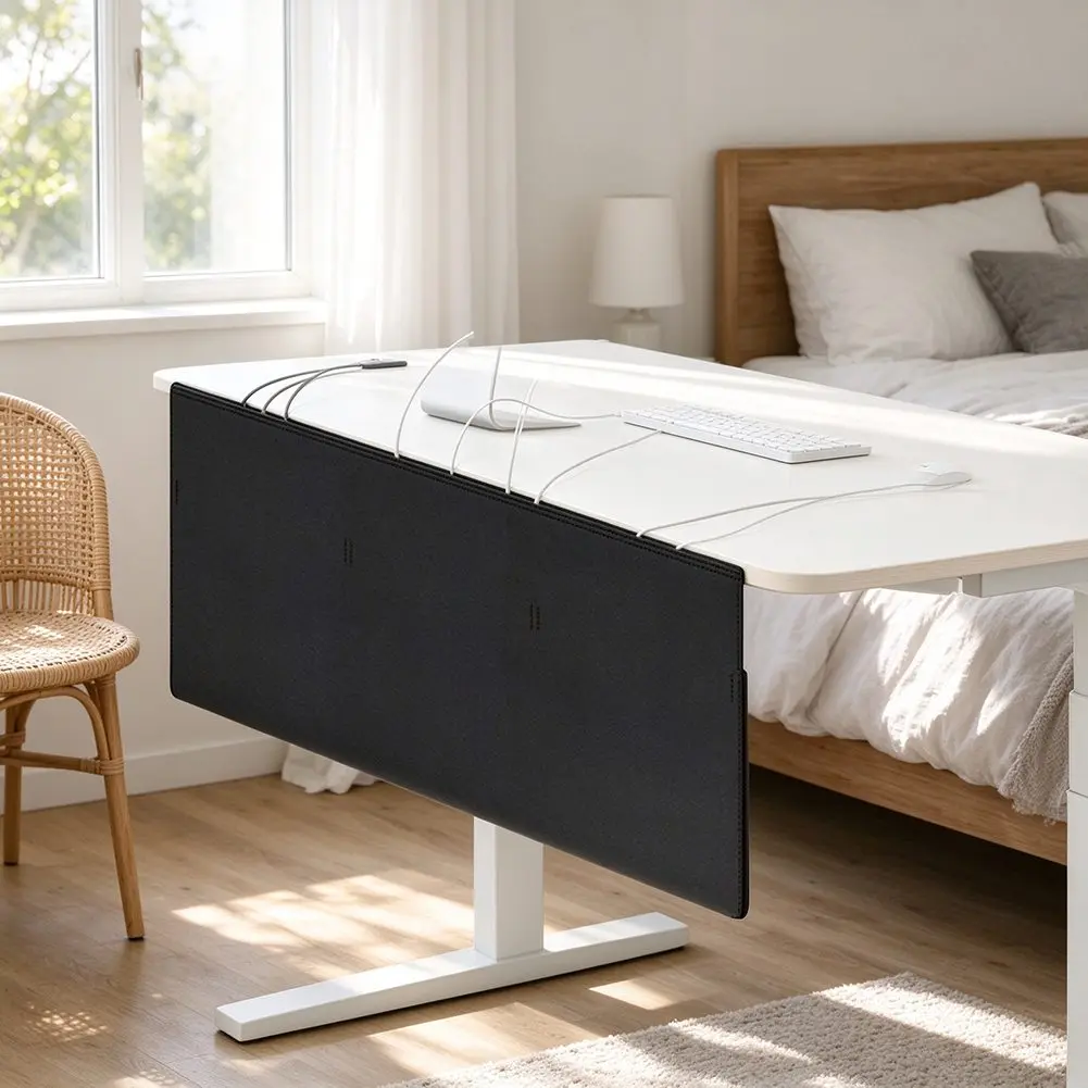 Under Desk Privacy Panel Self-Adhesive Desk Curtain Skirt Black With Wire Pocket For Cable Management Organizer Oxford Fabric