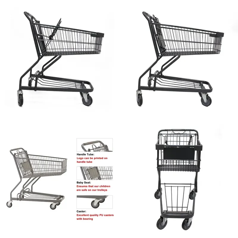 for Supermarket Metal Shopping Cart with Four PU Wheels Trolley for Sale Wholesale