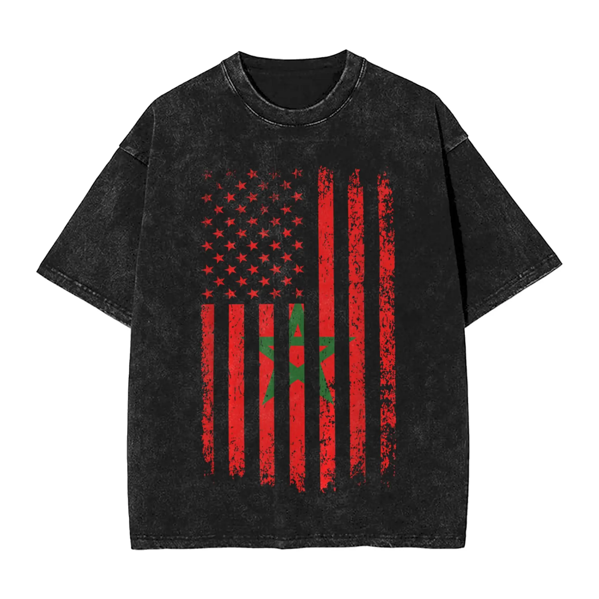 American Morocco Flag Moroccan Washed T Shirt Streetwear  Fashion T-Shirt  Tee Shirt Men Women Short Sleeve Oversize Printed