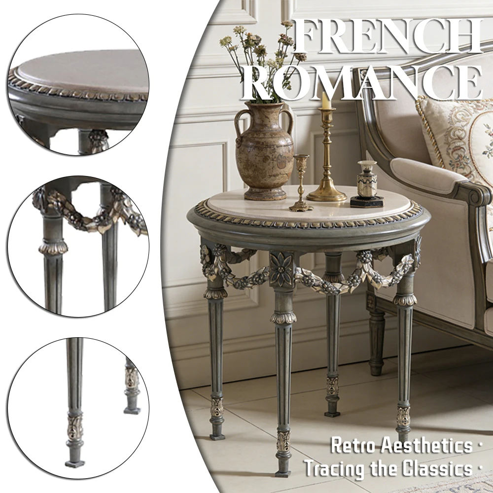 ！@French Style Handmade Sitting Room Marble Side Table Solid Wood Frame Furniture Bedroom End Table for Villa