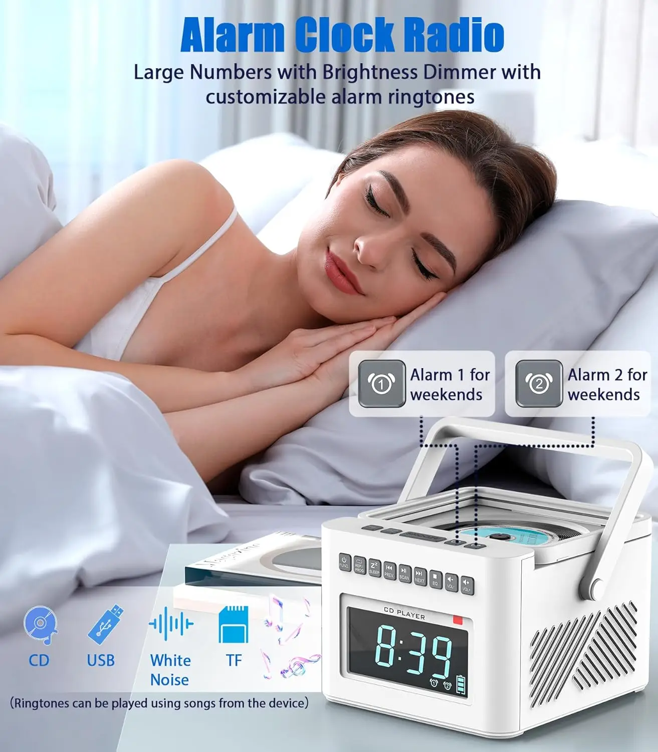 Rechargeable CD Player Alarm Clock with 8 White Noise Machine, Bluetooth Boombox Clock Radio with Remote Control