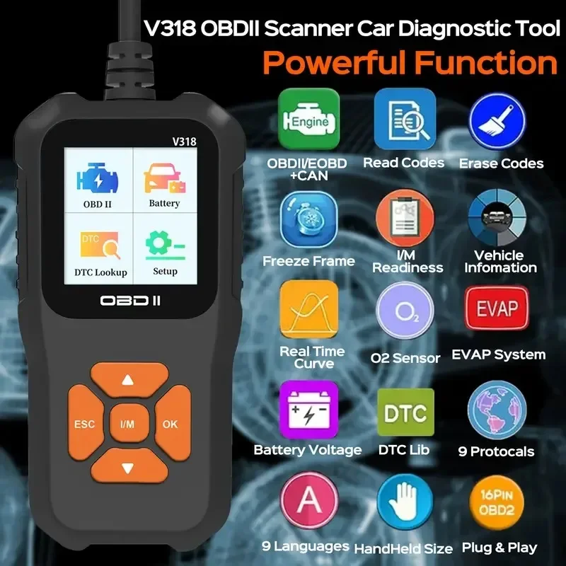 V318 Auto Diagnostic Tool – Skaner OBD2 z testerem akumulatora, czytnikiem kodów usterek i obsługą wielu języków dla samochodów
