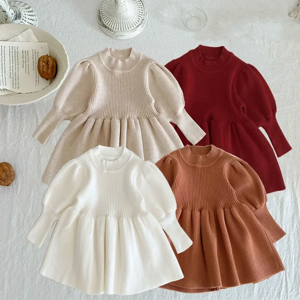 

2023 New Spring Baby Clothes Puff Sleeve Girls Knit Dress Autumn Fashion Sweater Dress Infant Bebe Clothing Outfits
