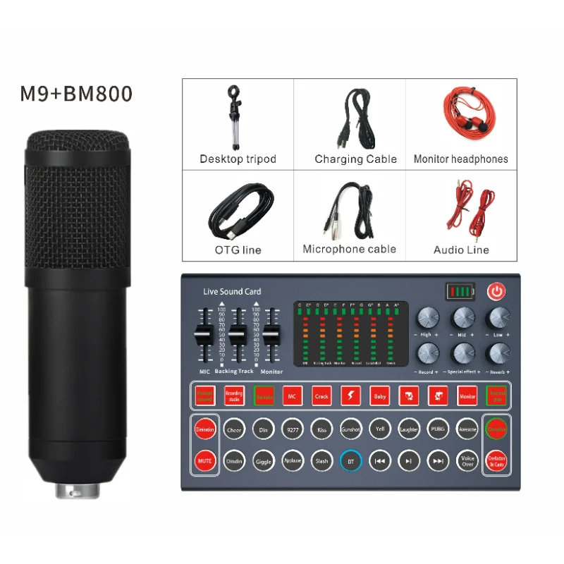 

Professional BM800 M9 Live Singing Equipment Sound Card And Microphone Soundcard Livestream Broadcast Recording