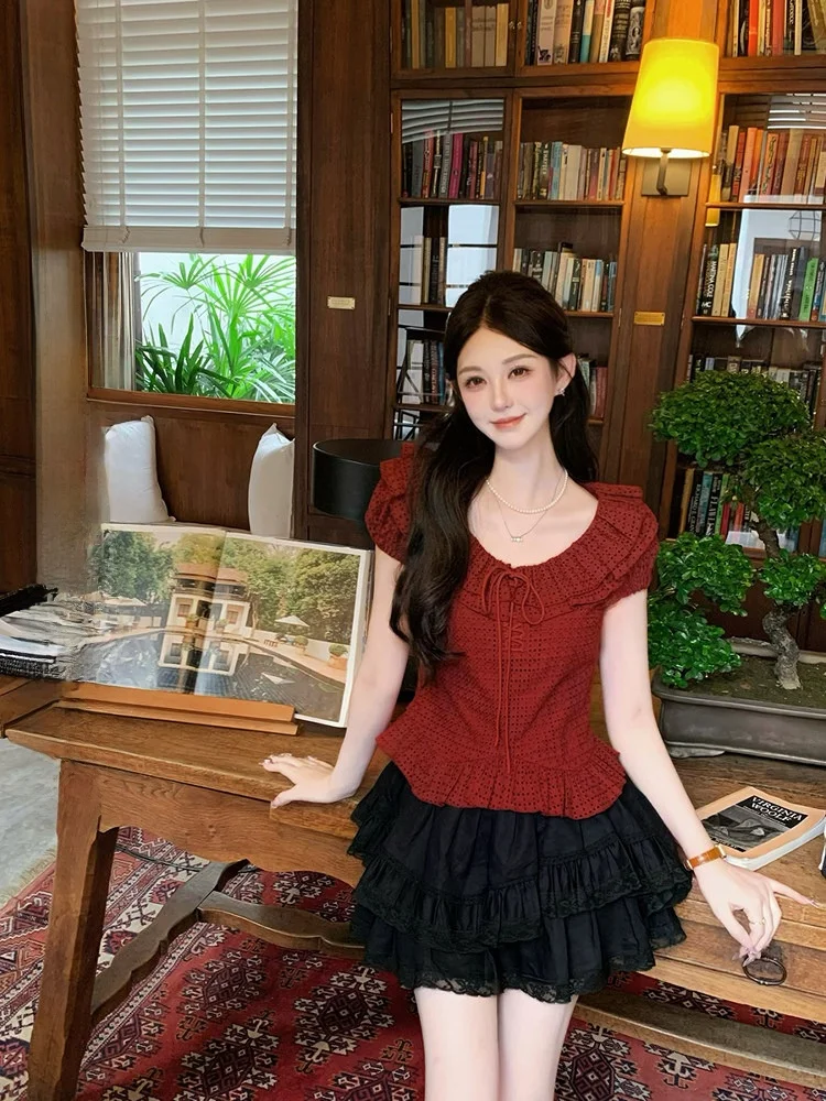 

Женская рубашка Roroeep с вышивкой и кружевной отделкой, из чистого хлопка, с коротким рукавом, круглым вырезом, французским кроем, облегающая, летняя