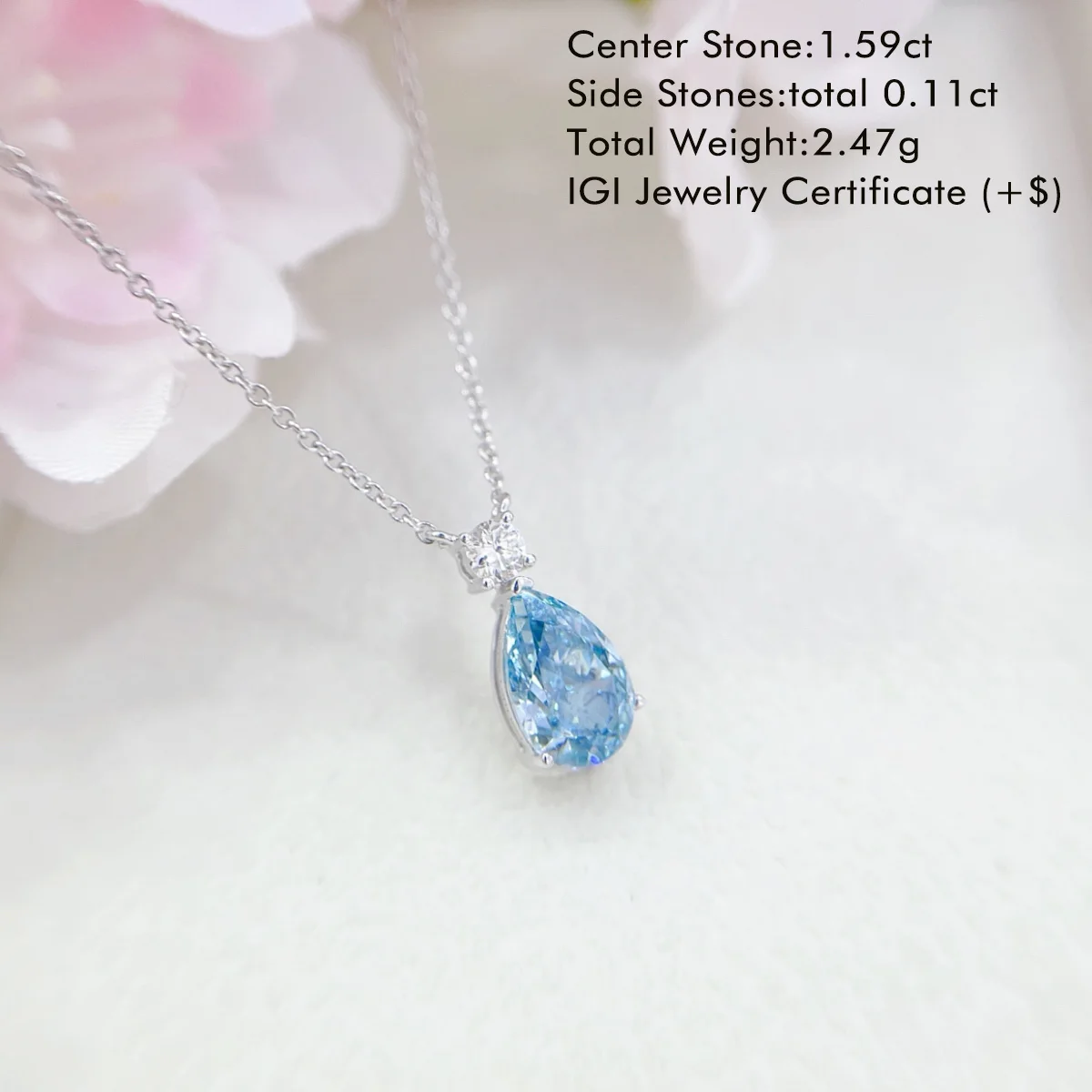 18K White Gold 1.59ct Blue Pear Lab Diamond Pendant Charm Classic Lab Grown Diamond Necklace Anniversary Gift for Girlfriend