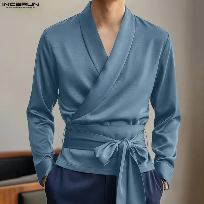 INCERUN Men Shirt Solid Color V Neck Long Sleeve Casual Male Tops With Belt Streetwear Lace Up Fashion Men Clothing Camisas 2026