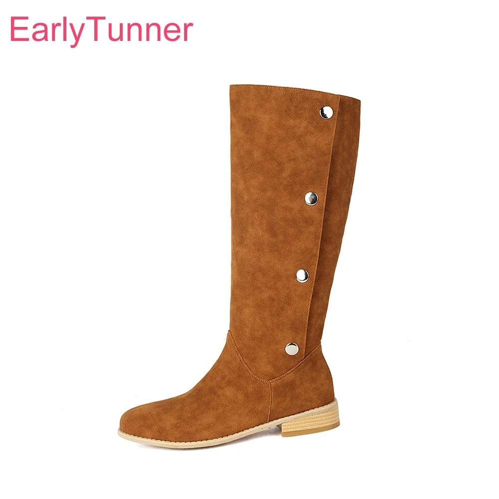 

2025 New Winter Comfortable Brown Grey Women Mid Calf Boots Low Chunky Heel Office Lady Nude Shoes Plus Big Size 12 43 45 50