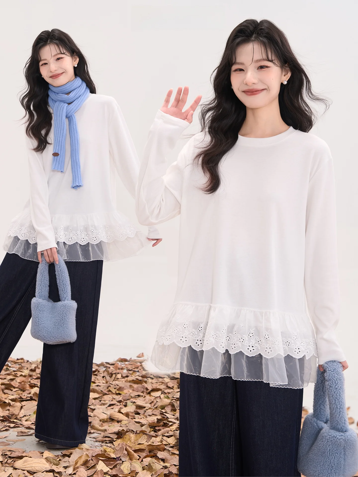 

Alice in Wonderland Double Layer Lace Trim Base irt T-irt Women's Princ Sle round Ne Cotton Long Sve Loose Fit