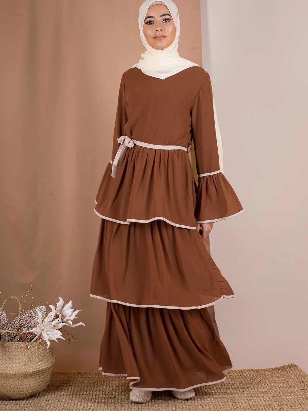 Dubai Islam Muslim Sweet Cake Dress Women Flare Sleeve Lace-up Multi-layer Pleated Cupcake Dresses Ankle-length Islamic Clothing