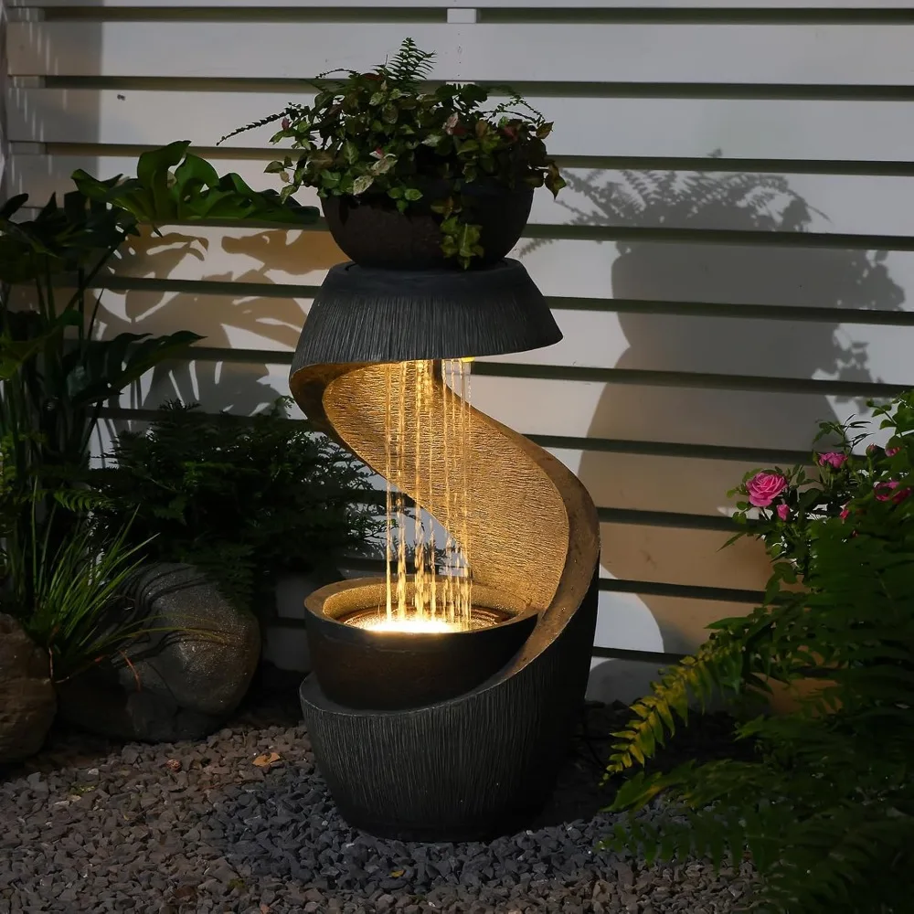 ميزة مياه خارجية نافورة فناء مع أضواء LED، نافورة شلال حديقة من الراتنج 31.9 خارجية، تصميم عصري على شكل حرف S #2
