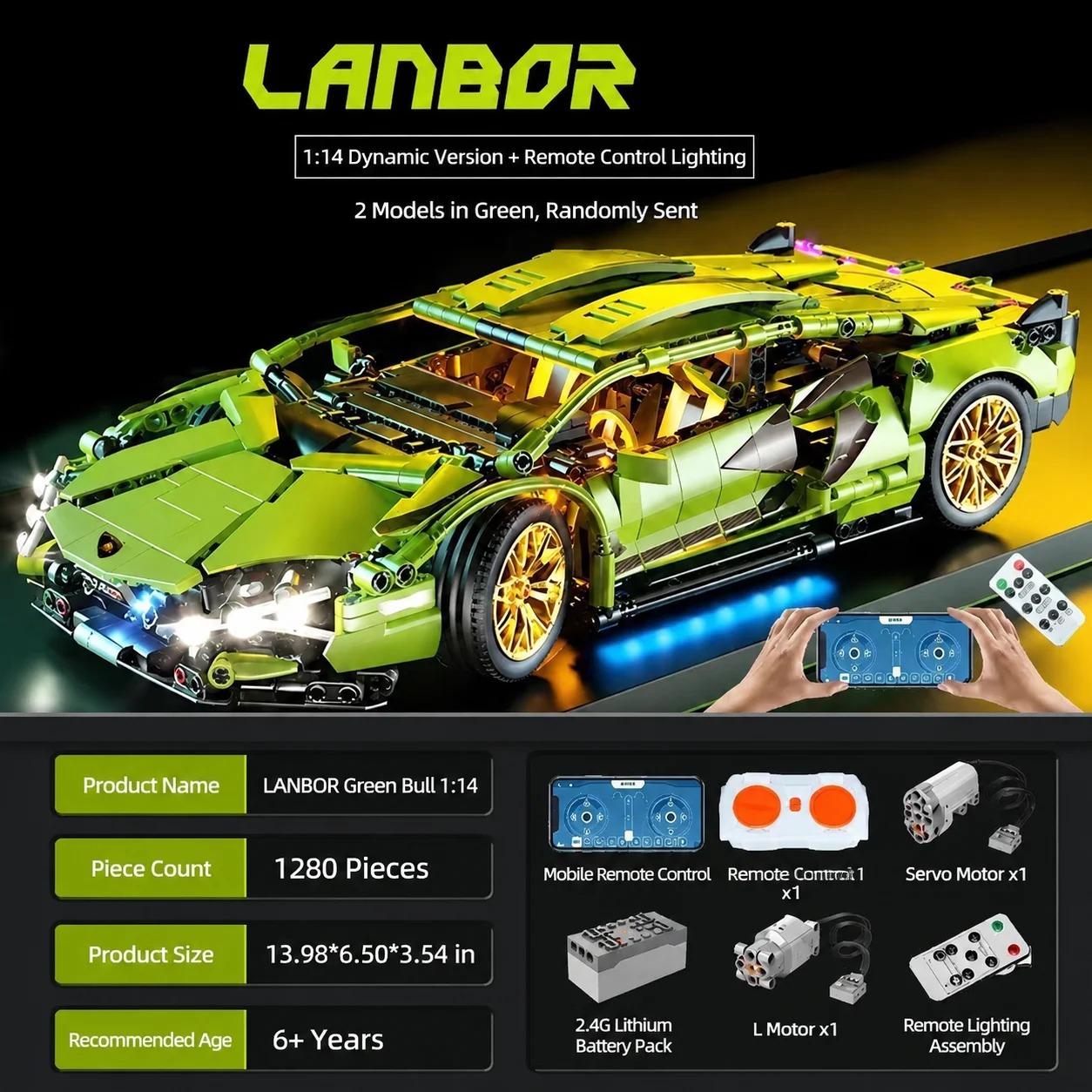 1280PCS 1:14 RC Supercar Building Blocks Dynamic Model Car Remote Control Racing Vehicle with Lights Servo Motor Gift Toy - view 6