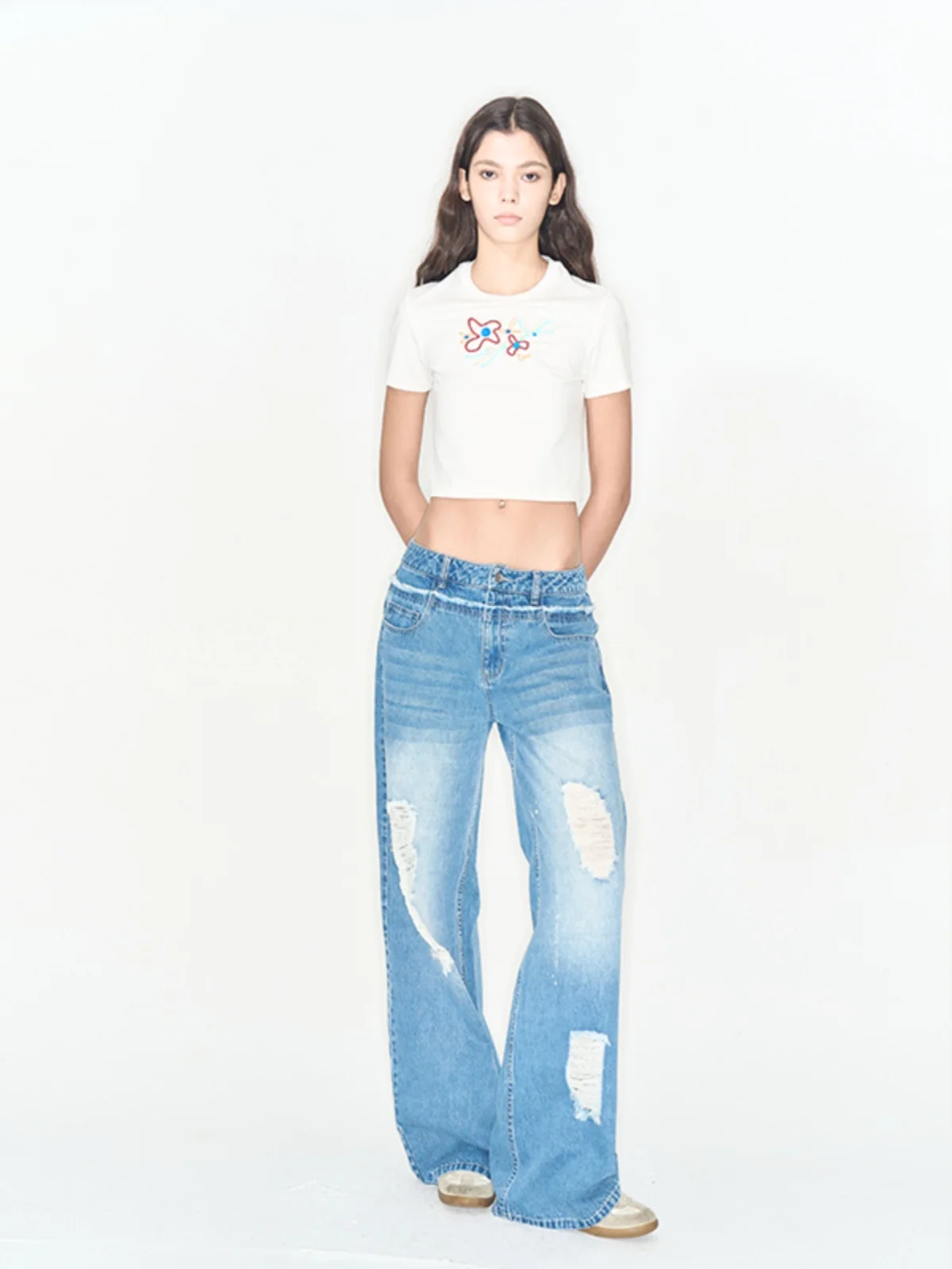 

Джинсы Holl Casual с высокой талией, из хлопкового стрейч-денима, свободного кроя, расклешенные, с эффектом потертости, для женщин