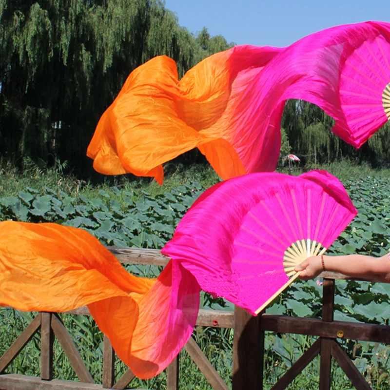 Neu eingetroffen: 1 Paar 180 cm lange Bauchtanz-Fächerschleier aus 100 % echter Seide, rosa/orange gemischt, chinesische Fächerschleier aus echter Seide, hohe Qualität, S/M/L