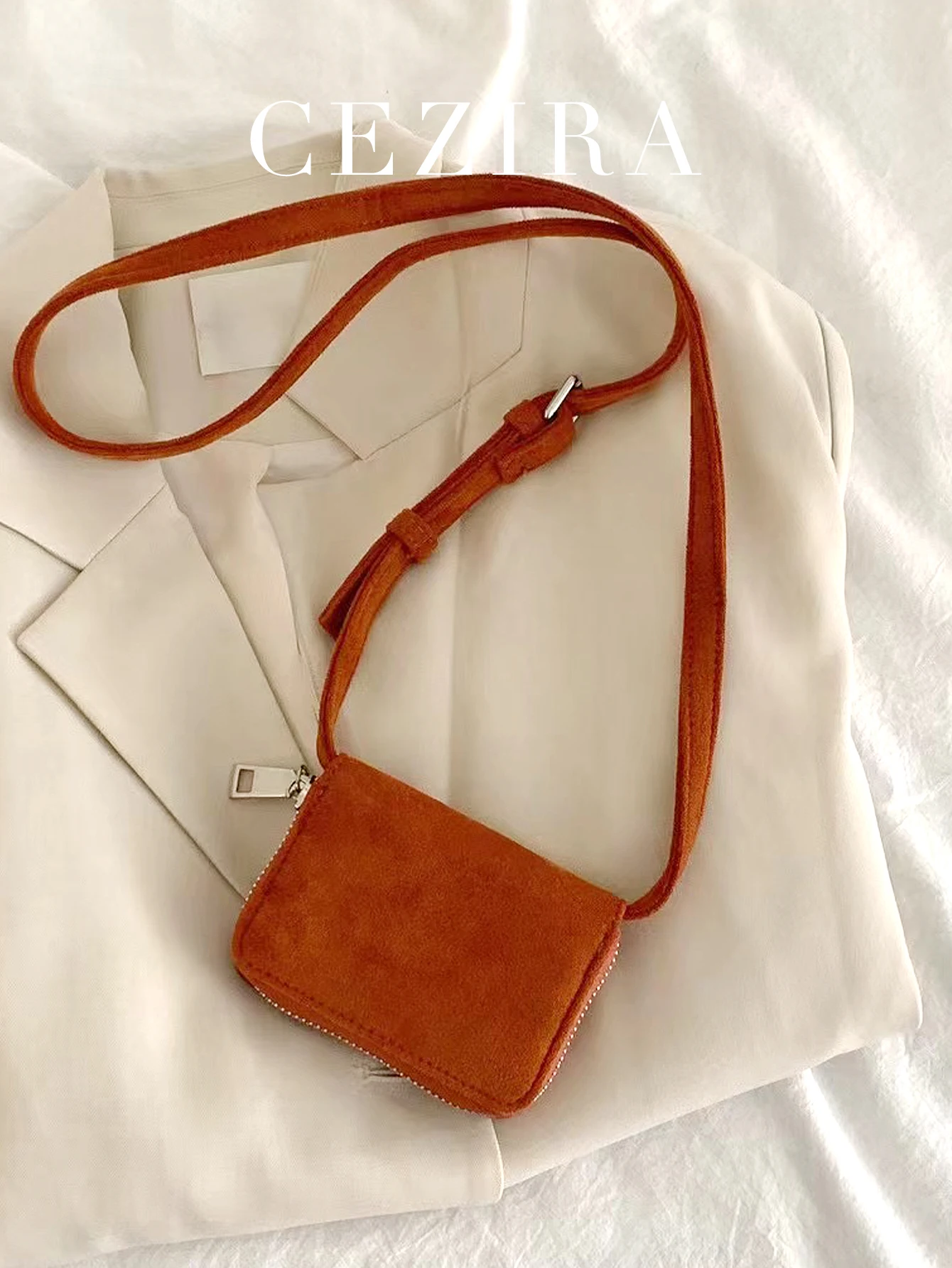 

CEZIRA Women's Minimalist Style Solid Color Faux Suede Fabric Zipper Closure Coin Purse Small Square Short Wallet Cross body Bag