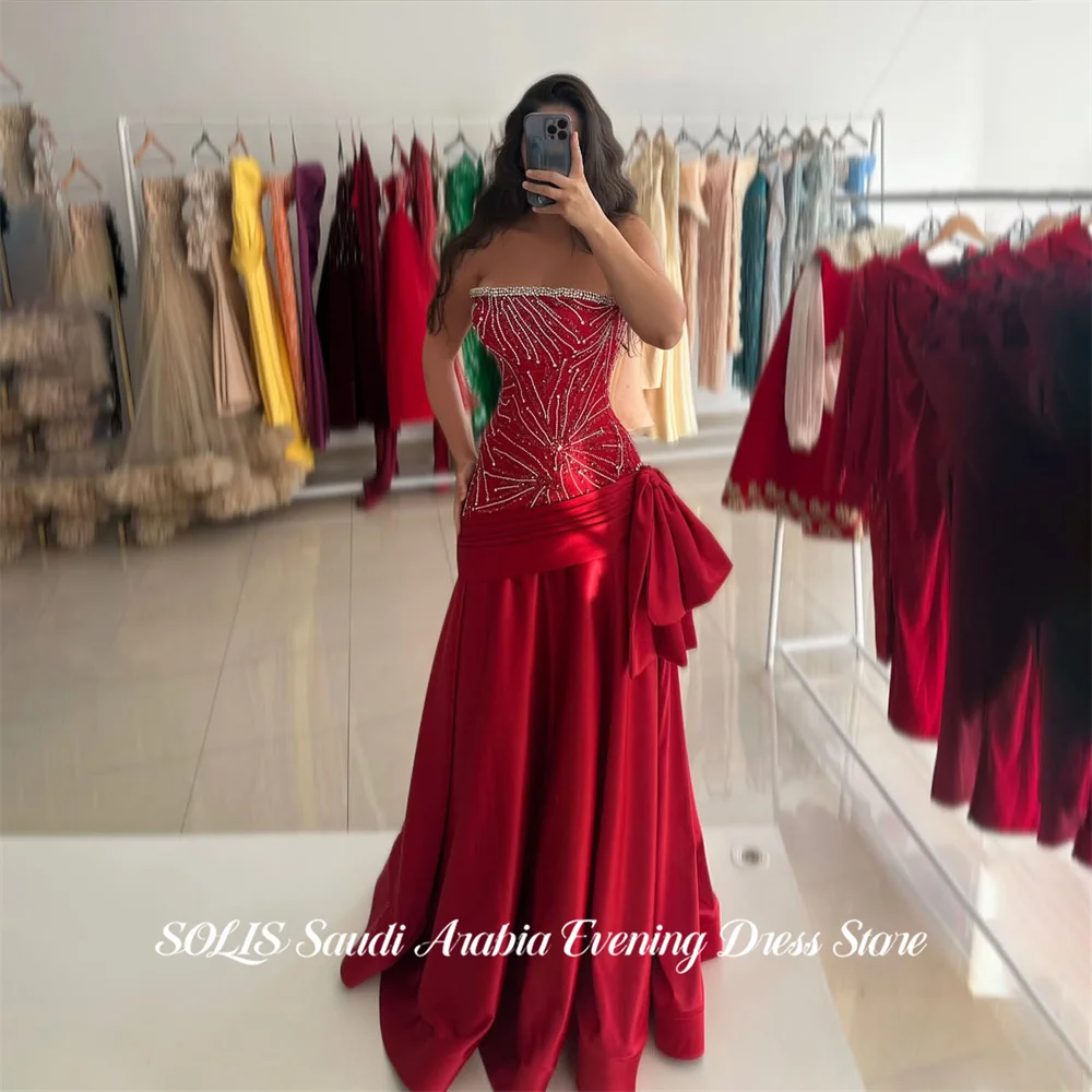 SOLIS Deep Red Prom Dresses Strapless Evening Dresses Beading On Chest Party Dress with Statement Bow Robe De Soirée Customized
