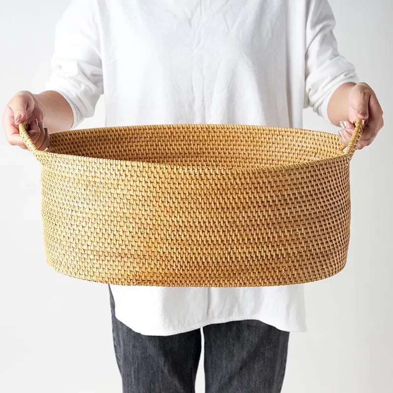 Hand Woven Rattan Storage Basket Large Capacity Laundry Hamper for Living Room Coffee Table Desktop Organizer Home Decor