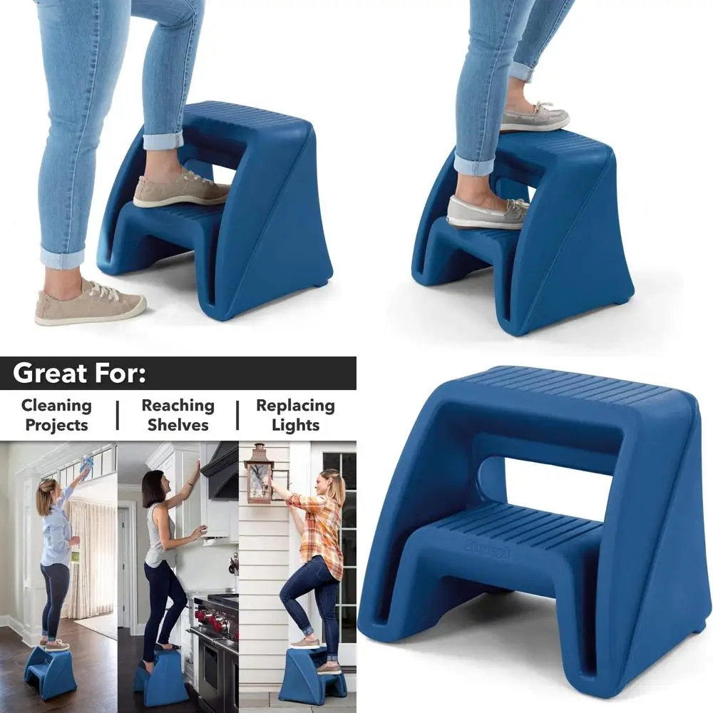 Plastic Two-Step Stool with Seat- Suitable for Indoor and Outdoor Use- 15.5 x 19 x 16- Blue