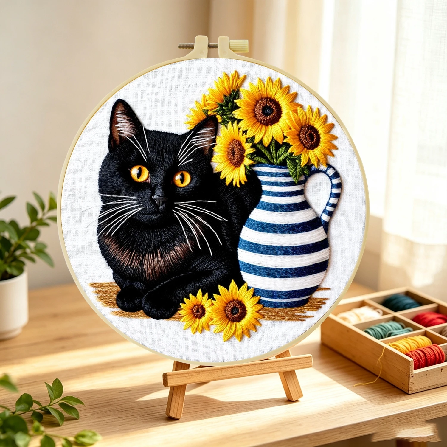 1 Set Sonnenblumen-Vase Schwarze Katze DIY-Stickerei-Set für Anfänger, Stickerei-Starter-Kit, Kreuzstich-Kunstgeschenk, Handarbeits-Bastelset – Detail 4