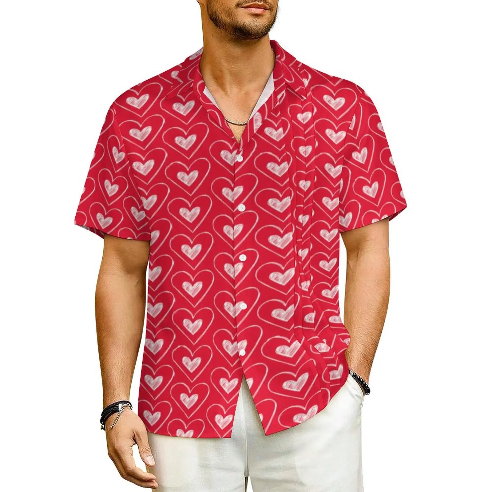 

Red And White Heart Hawaiian Shirt Man Beach Valentines Hearts Casual Shirts Short-Sleeved Streetwear Elegant Oversize Blouses