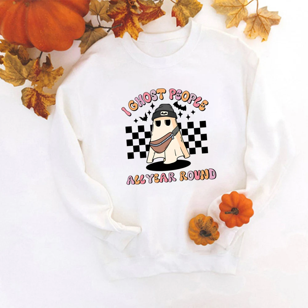 Floral Ghost Sweatshirt Women Retro Ghost Sweatshirt Spooky Season Halloween Party Shirt Halloween Party Hoodie Clothes