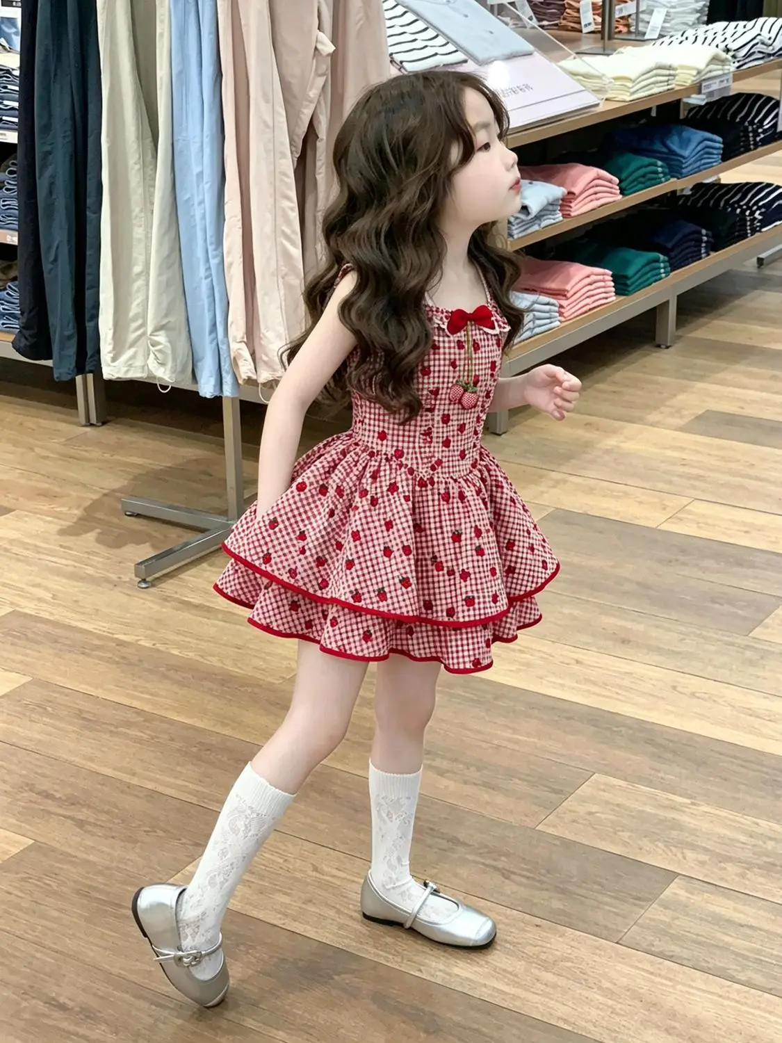Girls Summer Dress New Children Sweet Red Plaid 3D Strawberry Ruffle Collar Dress Kids Princess Clothing