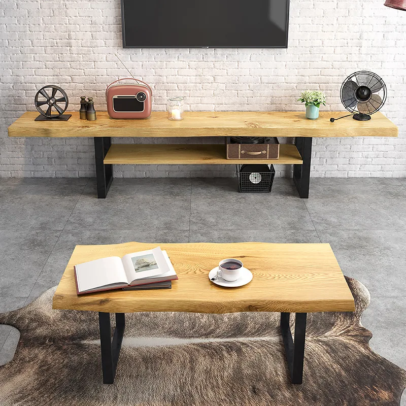 Nordic small apartment living room solid wood TV cabinet simple modern household log sofa tea table