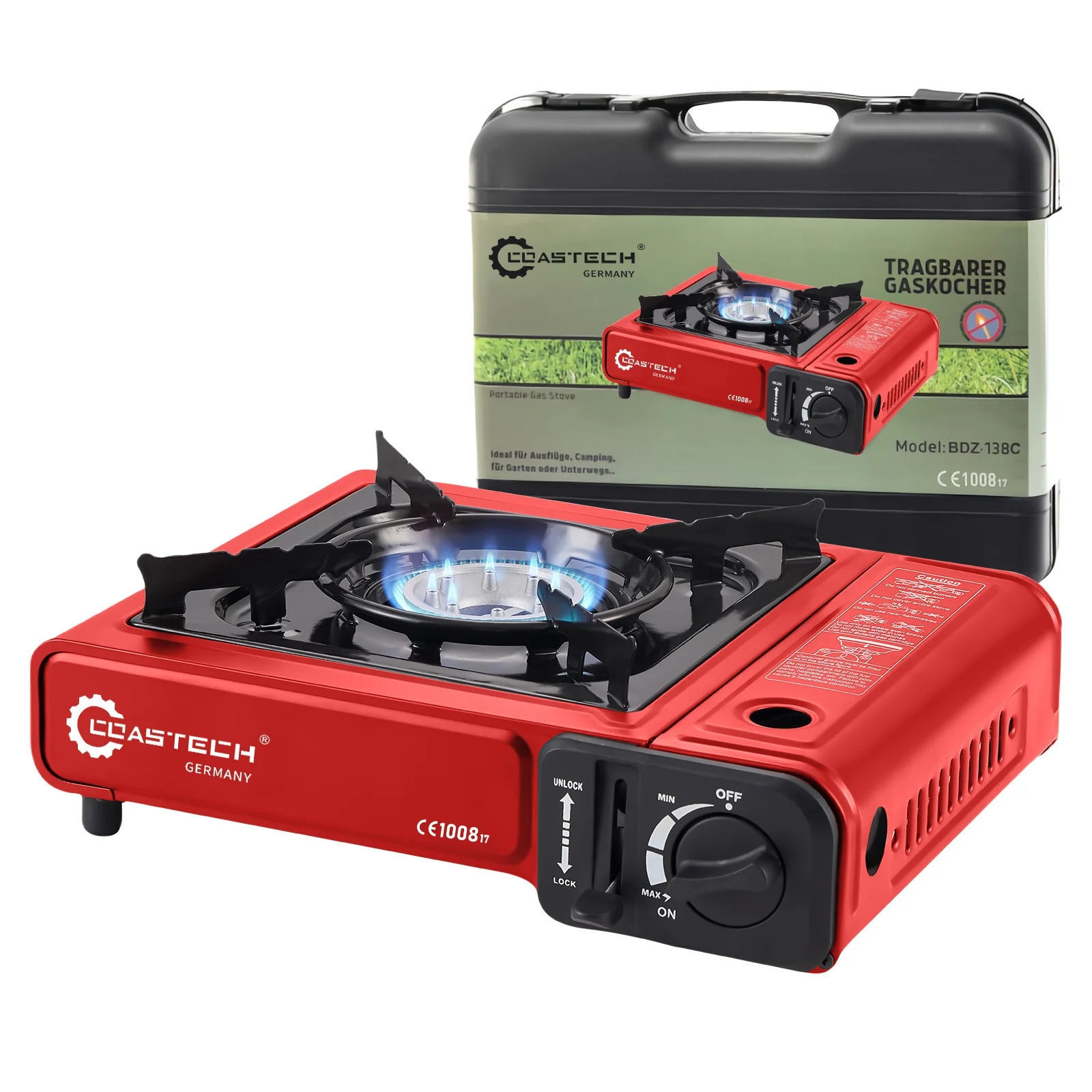 Einflammiger tragbarer Gaskocher,kompakter Campingkocher für Garten & Picknick, robuster Mini Gasherd mit stabiler Kochplatte für Töpfe und Pfannen, leichter Outdoor Notkocher, praktische mobile