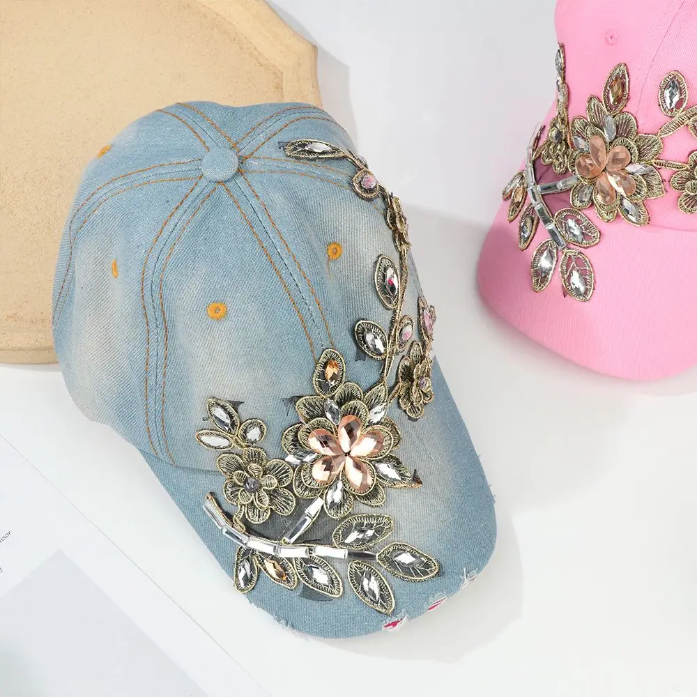 Casual Women's Hat Sunscreen Rhinestone Golden Flowers Sun Hat Cowboy Hat Cap Diamond-studded Baseball Caps