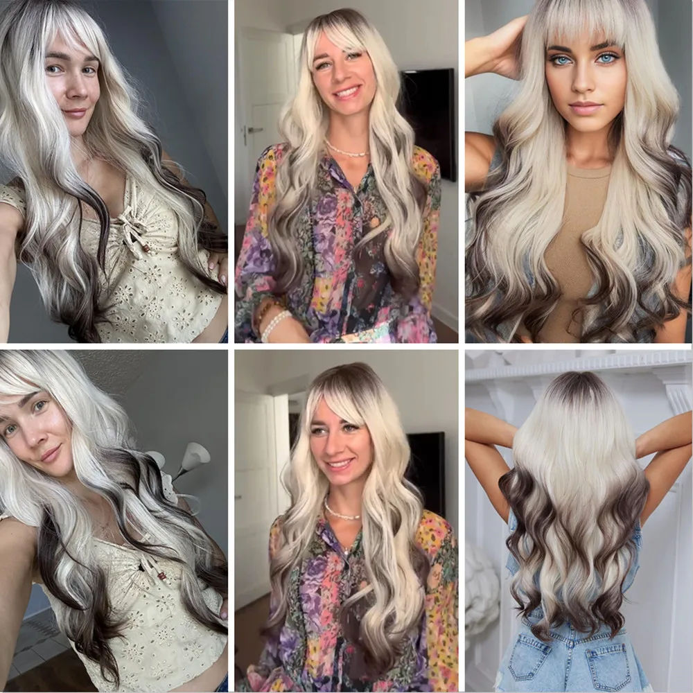 ALAN EATON Ombre Blonde Brown Wave Synthetic Wig Long Natural Looking Hair Wigs with Bangs for Women Daily Heat Resistant Fiber