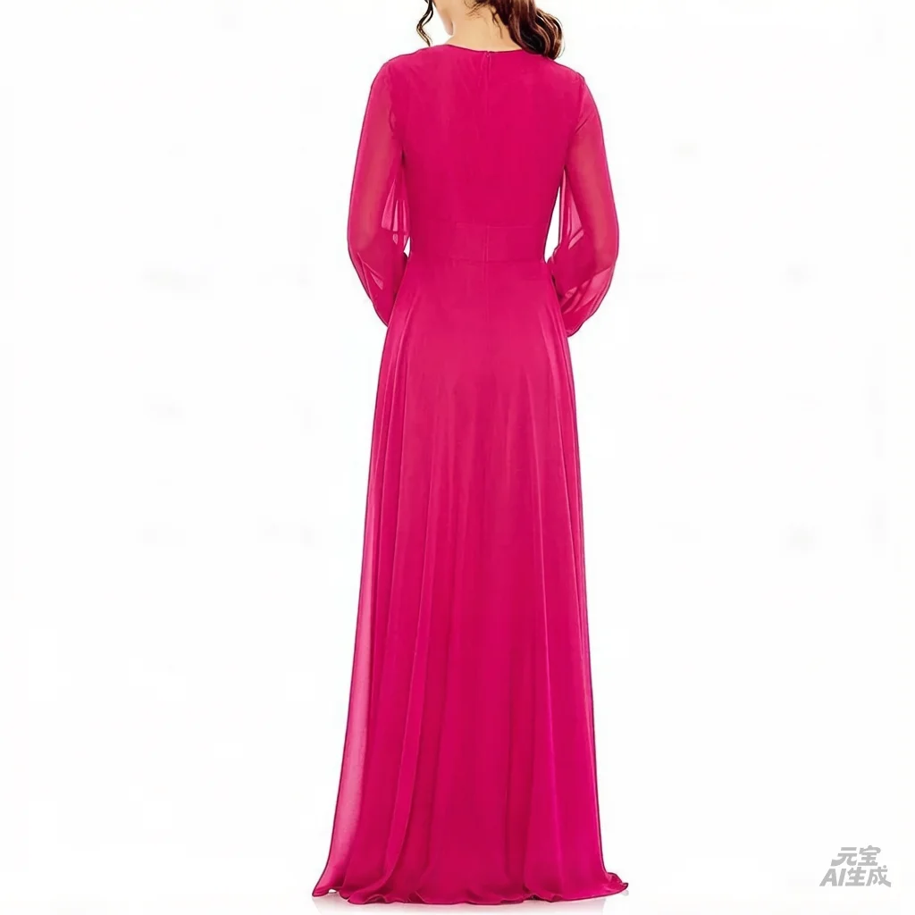 Elegant Dresses With Long Sleeves Chiffon A-line Mother Of The Bride Dress Fuchsia V-neck Ruched Split Evening Gown Maxi 2026
