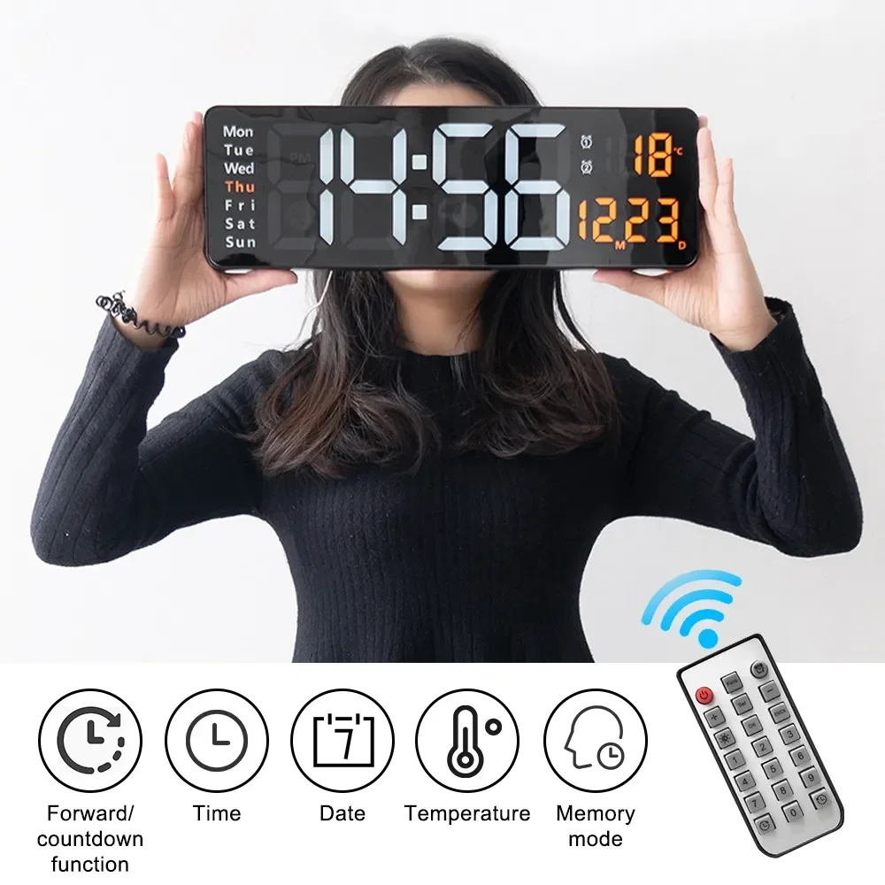 

Wall-mounted Digital Wall Clock with Adapter Remote Control Date Week Display Table Alarm Clock Large LED Clock LivingRoom Decor