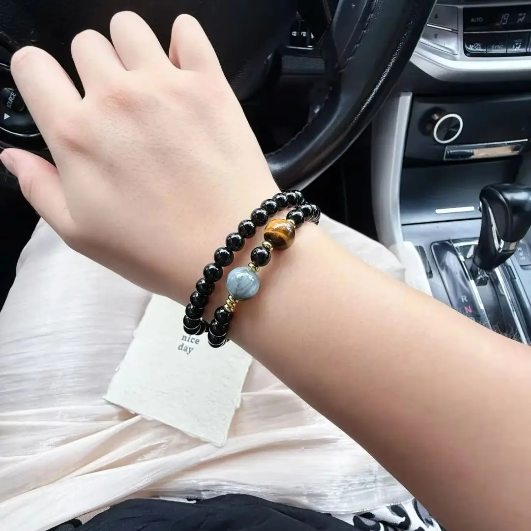 

Natural Obsidian Tiger Eye & Blue Stone Beaded Double Layer Bracelet for Men And Women Jewelry