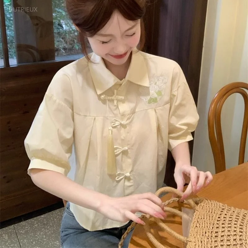 Puff Sleeve Short Blouses Chinese Style Spring Summer Vintage Women Shirts Embroidered Elegant Sweet Blusas Feminina