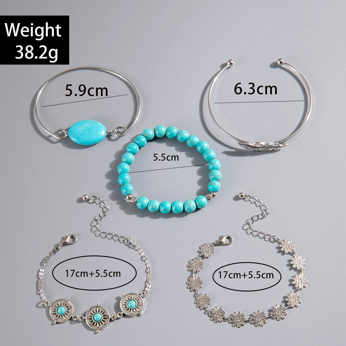 Tocona Vintage Blue Stone Butterfly Bracelet Set for Women Classic Flower Feather Bangle Adjustable Jewelry Party 5pcs/set 26428