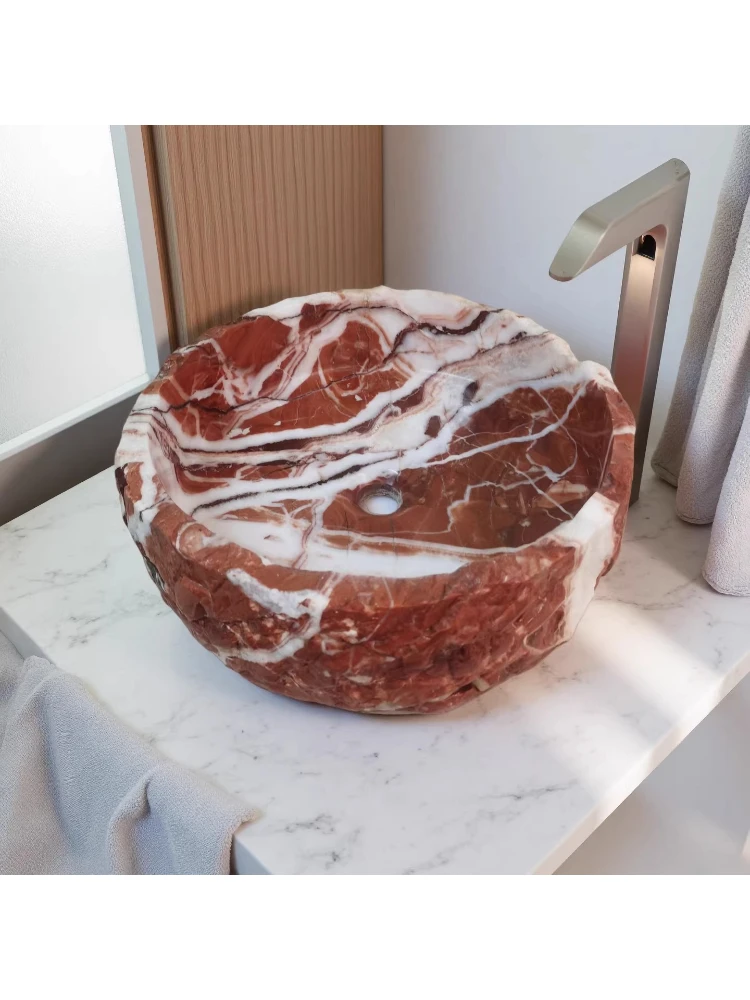 Natural marble coral red countertop basin bathroom wash basin custom red stone