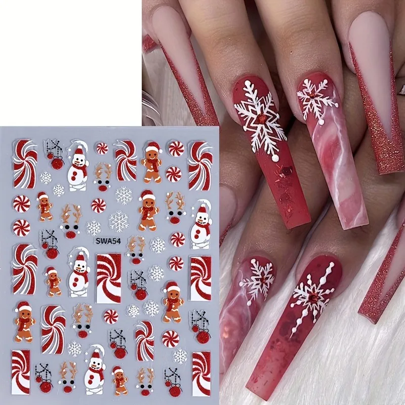 2 pçs natal fita vermelha boneco de neve adesivos de unhas, fácil de aplicar para decoração de unhas diy, presentes, festa e estilo de maquiagem de casamento