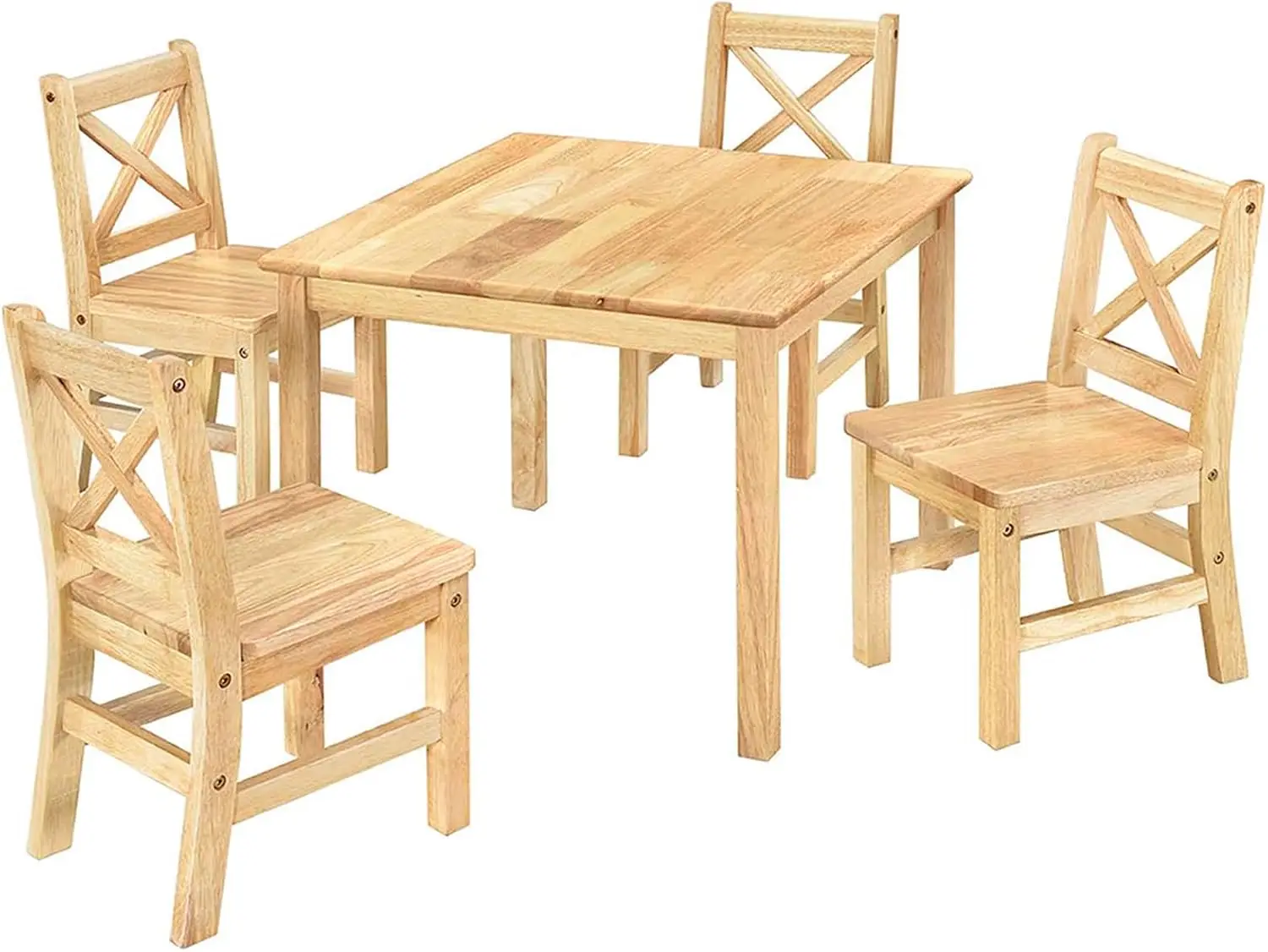 Solid Hard Wood Kids Table And Chair Set (4 Chairs Included), Natural, 5 Piece Set