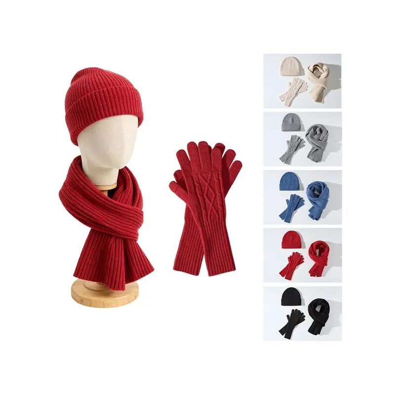 Wool Beanie Scarf And Glove Sets Knit Ribbed Three Piece Set Winter Accessories Fall Colorful Set