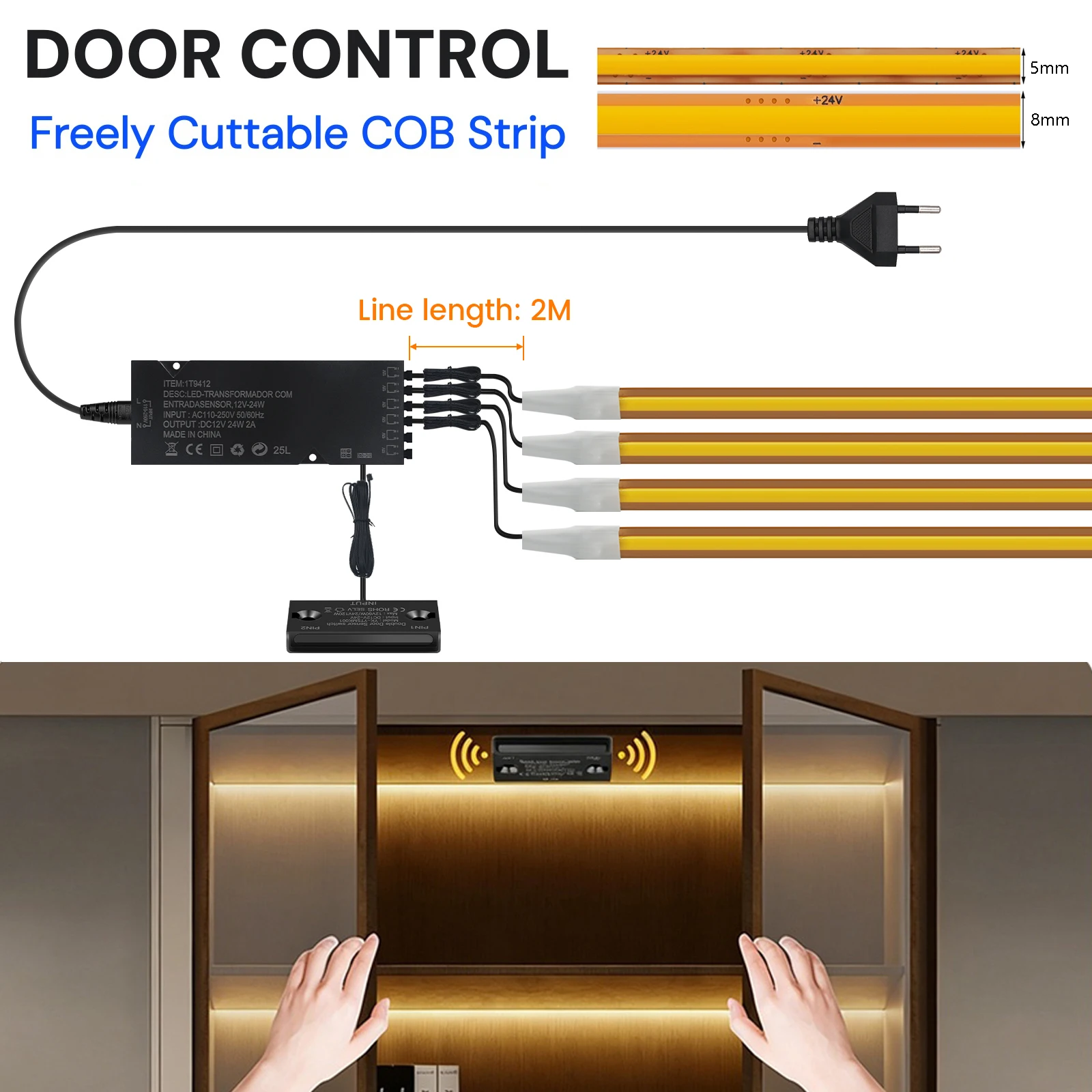 Door Motion Sensor 12V 24V COB LED Strip Freely Cuttable 400LEDs/m 5mm 8mm PCB Smart Switch LED Tape Cabinet Wardrobe Backlight