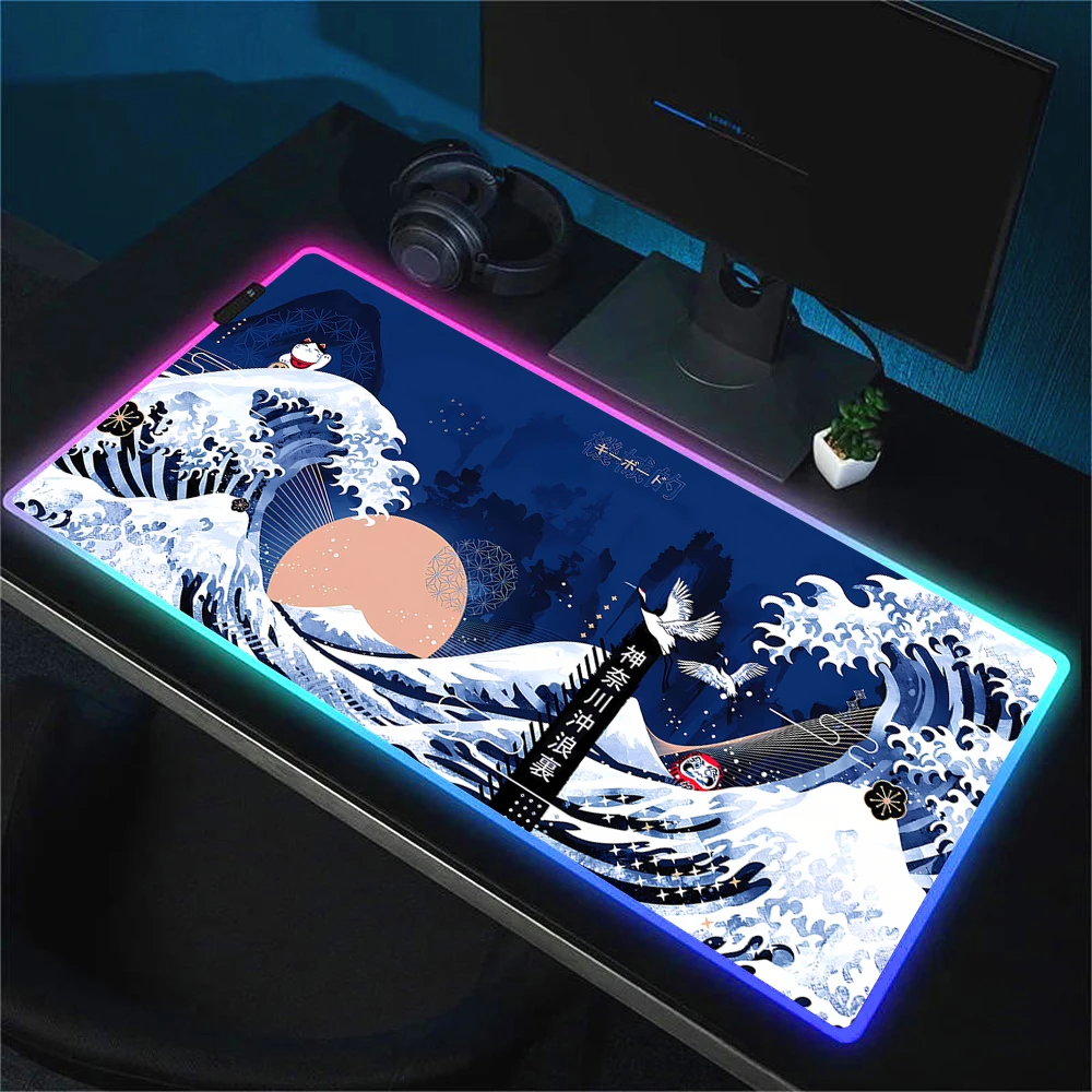 HD Printing The Great Wave off Kanagawa RGB Mouse Pad Large Gaming Keyboard Computer Rubber Mat XL Carpet Backlit Deskmat 90x40