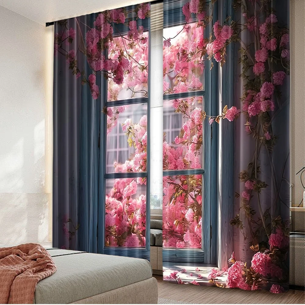 

2D flat printing 2pcs Drapes Cherry Blossom View Digital Printed Polyester Drapes Family Party Decoration for Holiday Parties
