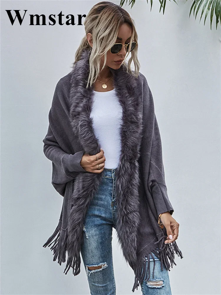 

Wmstar Women Warm Fur Collar Tassel Jacket Winter Female Loose Elegant Long Sleeve Capes Long Cardigan Knitted Fashion Coat