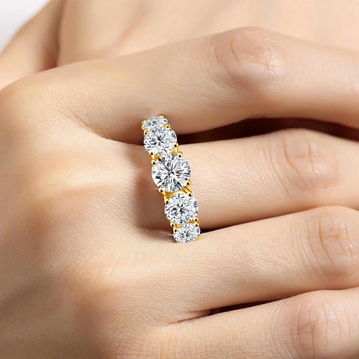 18k Vergoldete 3,8CTW Echte Moissanit-Ringe für Damen 5 Steine Funkelnder Brautschmuck 925 Sterling Silber Ring – Detail 6