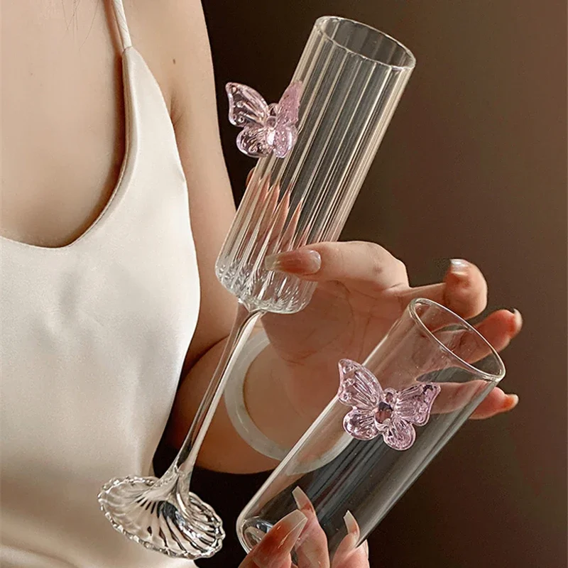 Bowknot Glass Cup Pink Butterfly Goblet Cute Cups For Juice Wine Drinkingware Ice Cream Dessert Cup Elegant Champagne Glasses