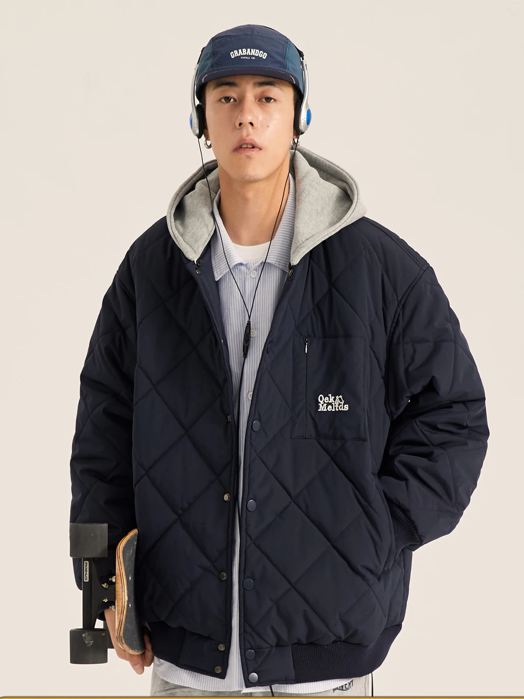 

Мужская зимняя утепленная куртка с ромбовидным узором, бейсбольным воротником, съемным капюшоном, хлопковое пальто, теплое молодежное повседневное пальто с длинными рукавами