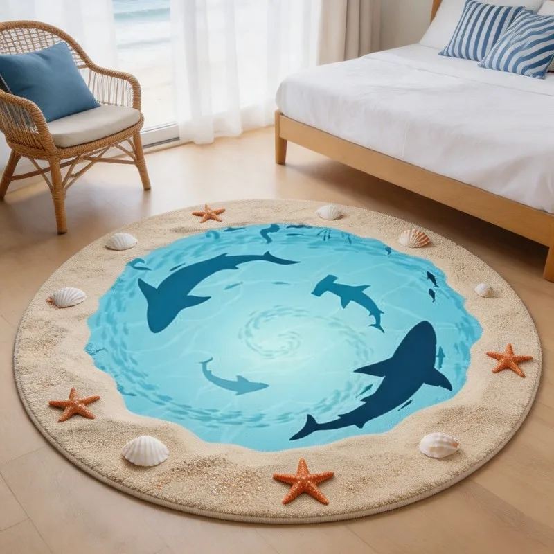 Shark Round Rug 2D Ocean Felt NonSlip Carpet For Living Room Bedroom Bedside Beach Sea Shell Starfish Floor Mat